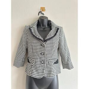 Vintage 90s Houndstooth Blazer Jacket 6P Black White Tweed | Retro Secretary